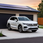 **

A sleek Volkswagen Touareg eHybrid is plugged into a Level 2 home charger in a suburban driveway at dusk. Solar panels are visible on the roof of the house in the background. The car's dashboard display shows a full battery and an estimated electric range. Focus on conveying a sense of convenience, sustainability, and modern technology. Style: Realistic, slightly warm color grading.

**